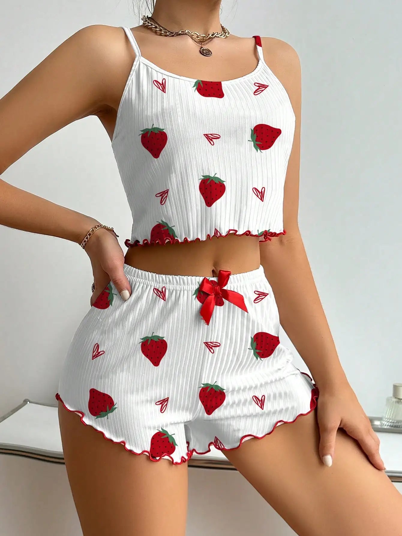 Women's Strawberry Print Ribbed Knit Ice Silk Camisole Pajama Set Two-Piece Sleepwear