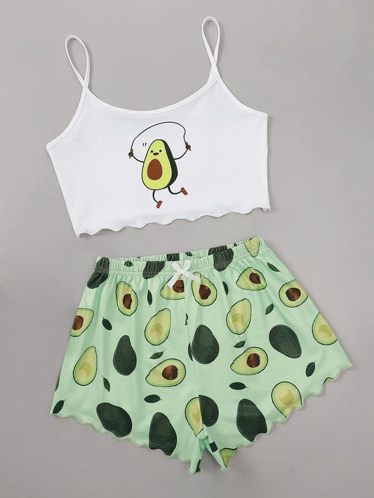 Pajamas Set for Women Avocado Print Camisole with Shorts Casual Sexy Lingerie Sleepwear