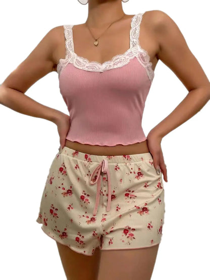 Women Pajama Set Lace Patchwork V-Neck Sleepwear Sexy Loungewear