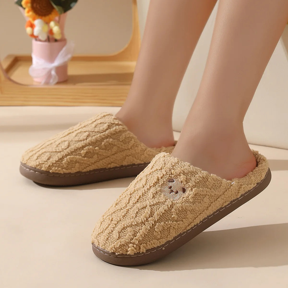 Cozy Cartoon Bear Home Slippers for 2025 Winter Plush Warm Flat Cotton Non Slip Unisex Indoor Bedroom Slippers