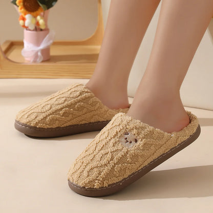 Cozy Cartoon Bear Home Slippers for 2025 Winter Plush Warm Flat Cotton Non Slip Unisex Indoor Bedroom Slippers