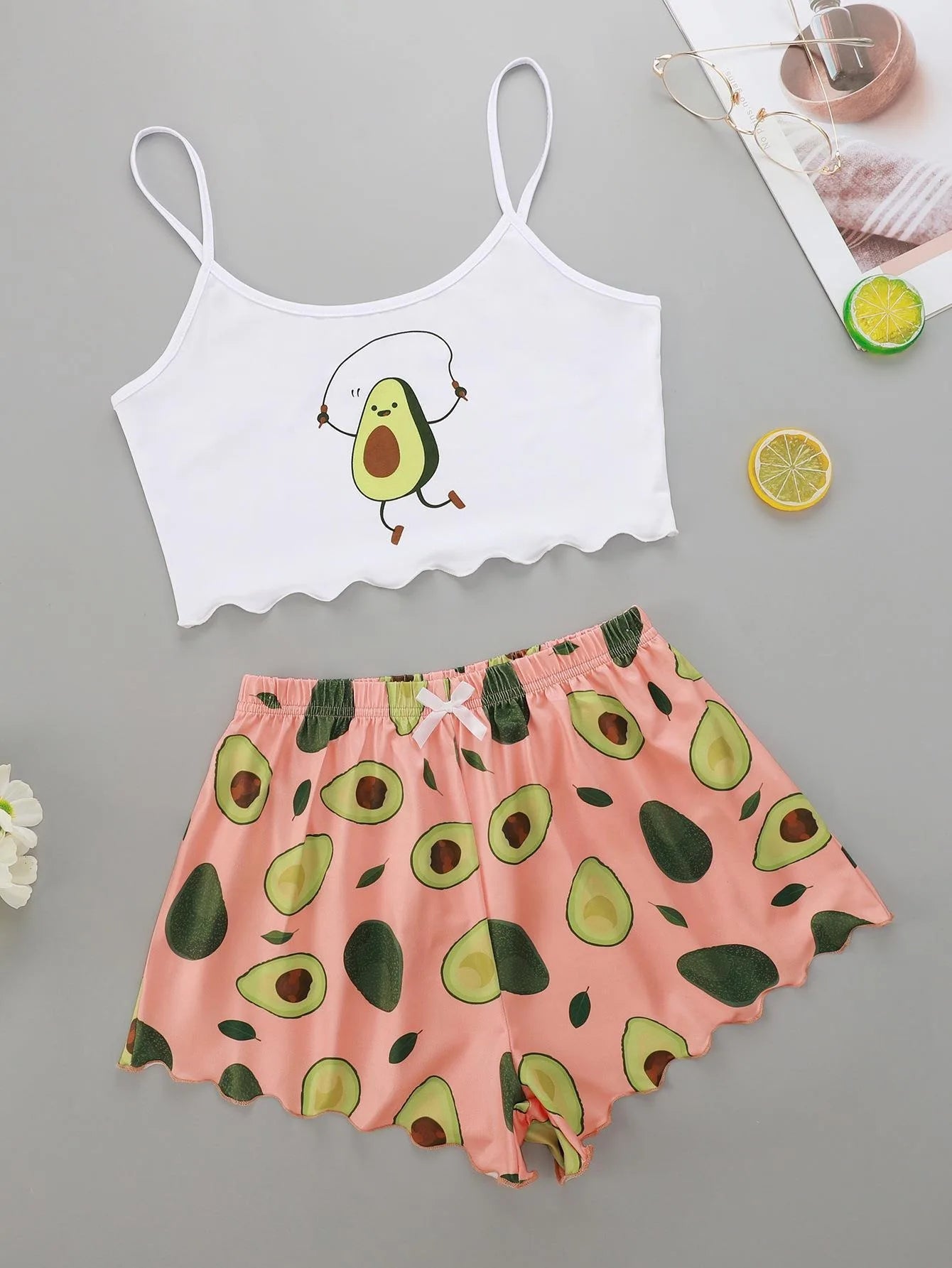 Pajamas Set for Women Avocado Print Camisole with Shorts Casual Sexy Lingerie Sleepwear