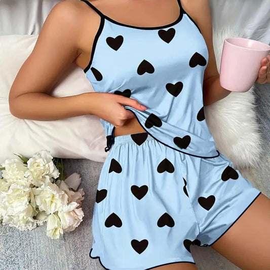 Women's Pajamas Heart-Shaped Print Round Neck T-Shirt Ice Silk Set
