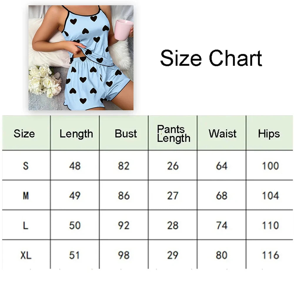 Women's Pajamas Heart-Shaped Print Round Neck T-Shirt Ice Silk Set