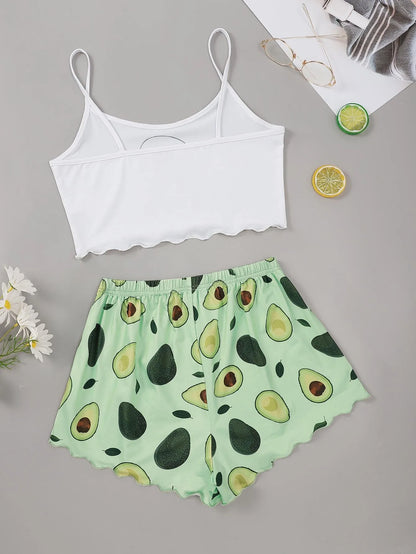 Pajamas Set for Women Avocado Print Camisole with Shorts Casual Sexy Lingerie Sleepwear