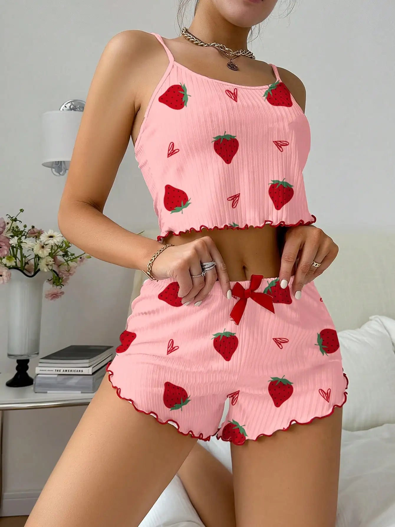 Women's Strawberry Print Ribbed Knit Ice Silk Camisole Pajama Set Two-Piece Sleepwear