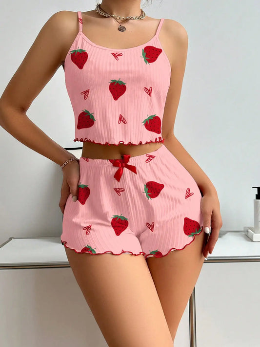 Women's Strawberry Print Ribbed Knit Ice Silk Camisole Pajama Set Two-Piece Sleepwear