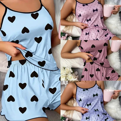 Women's Pajamas Heart-Shaped Print Round Neck T-Shirt Ice Silk Set