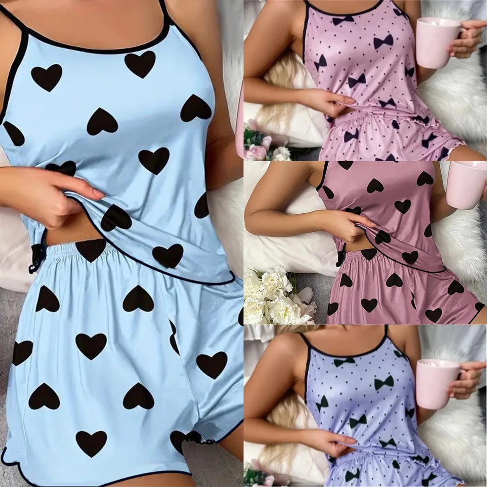 Women's Pajamas Heart-Shaped Print Round Neck T-Shirt Ice Silk Set