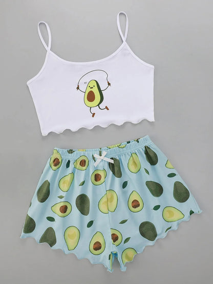 Pajamas Set for Women Avocado Print Camisole with Shorts Casual Sexy Lingerie Sleepwear