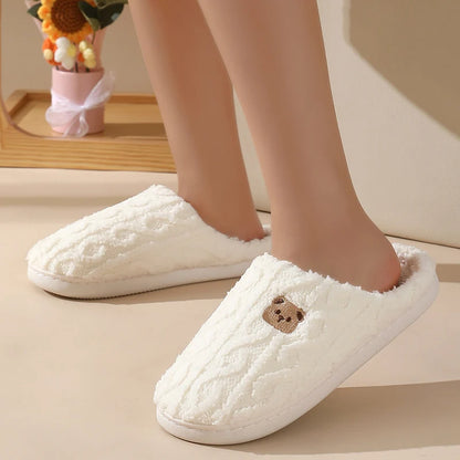 Cozy Cartoon Bear Home Slippers for 2025 Winter Plush Warm Flat Cotton Non Slip Unisex Indoor Bedroom Slippers