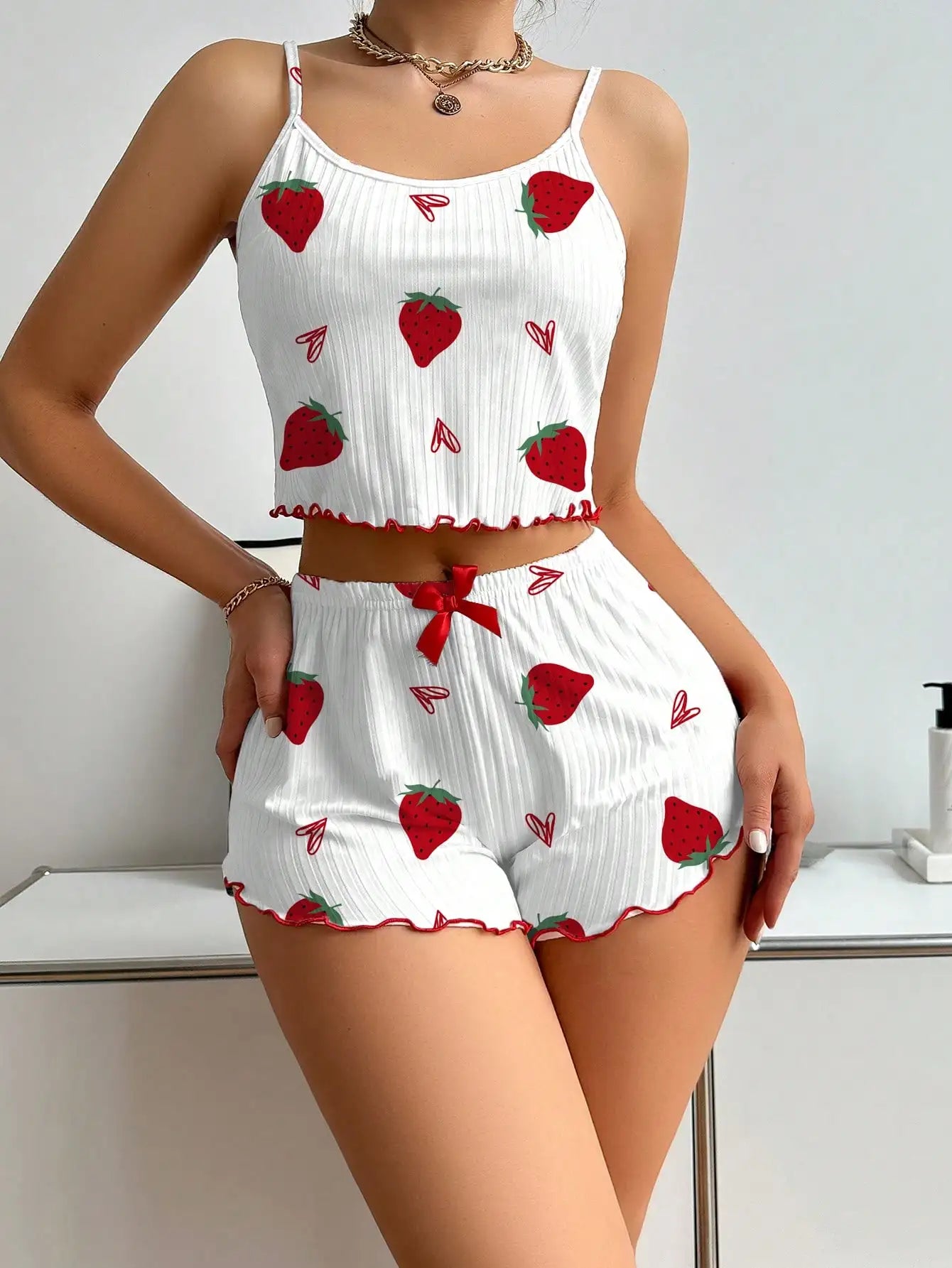 Women's Strawberry Print Ribbed Knit Ice Silk Camisole Pajama Set Two-Piece Sleepwear