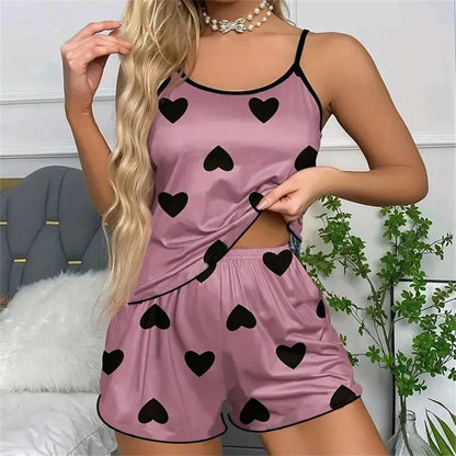 Women's Pajamas Heart-Shaped Print Round Neck T-Shirt Ice Silk Set