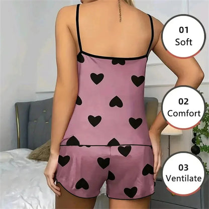 Women's Pajamas Heart-Shaped Print Round Neck T-Shirt Ice Silk Set