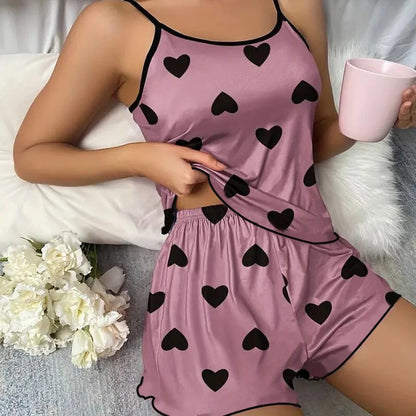 Women's Pajamas Heart-Shaped Print Round Neck T-Shirt Ice Silk Set