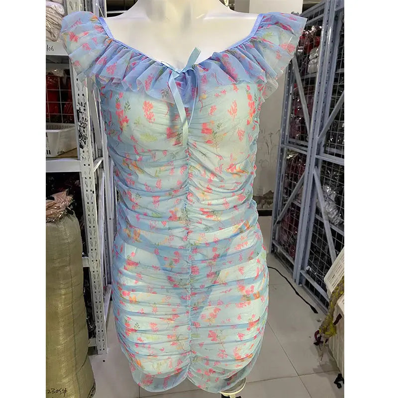 Lingerie Ultra Sexy Bra And Thong Set Ruffled Transparent Short Dress Sexy Floral Mesh Print