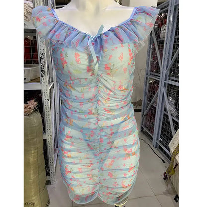 Lingerie Ultra Sexy Bra And Thong Set Ruffled Transparent Short Dress Sexy Floral Mesh Print