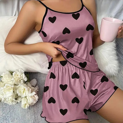 Women's Pajamas Heart-Shaped Print Round Neck T-Shirt Ice Silk Set