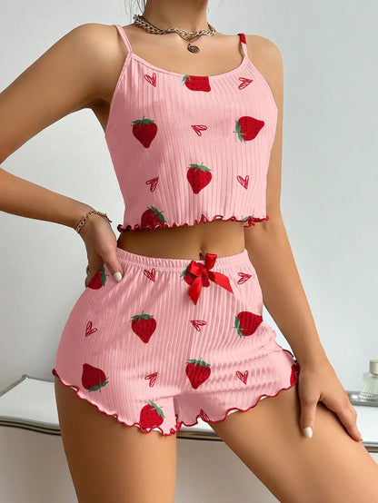 Women's Strawberry Print Ribbed Knit Ice Silk Camisole Pajama Set Two-Piece Sleepwear