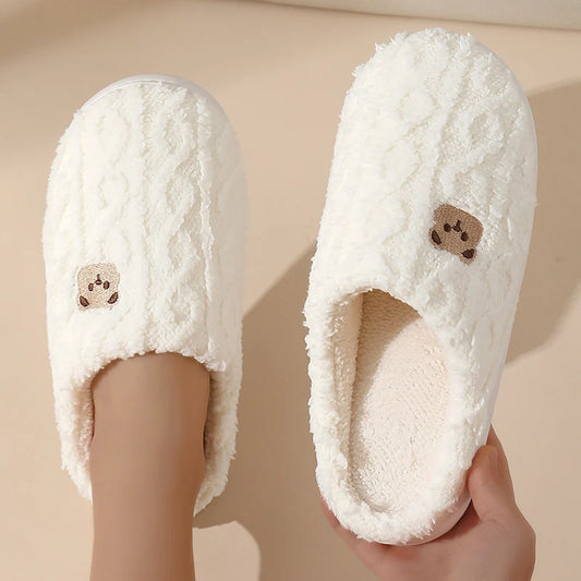 Cozy Cartoon Bear Home Slippers for 2025 Winter Plush Warm Flat Cotton Non Slip Unisex Indoor Bedroom Slippers