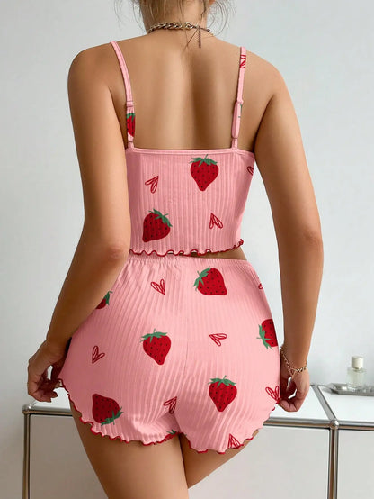 Women's Strawberry Print Ribbed Knit Ice Silk Camisole Pajama Set Two-Piece Sleepwear