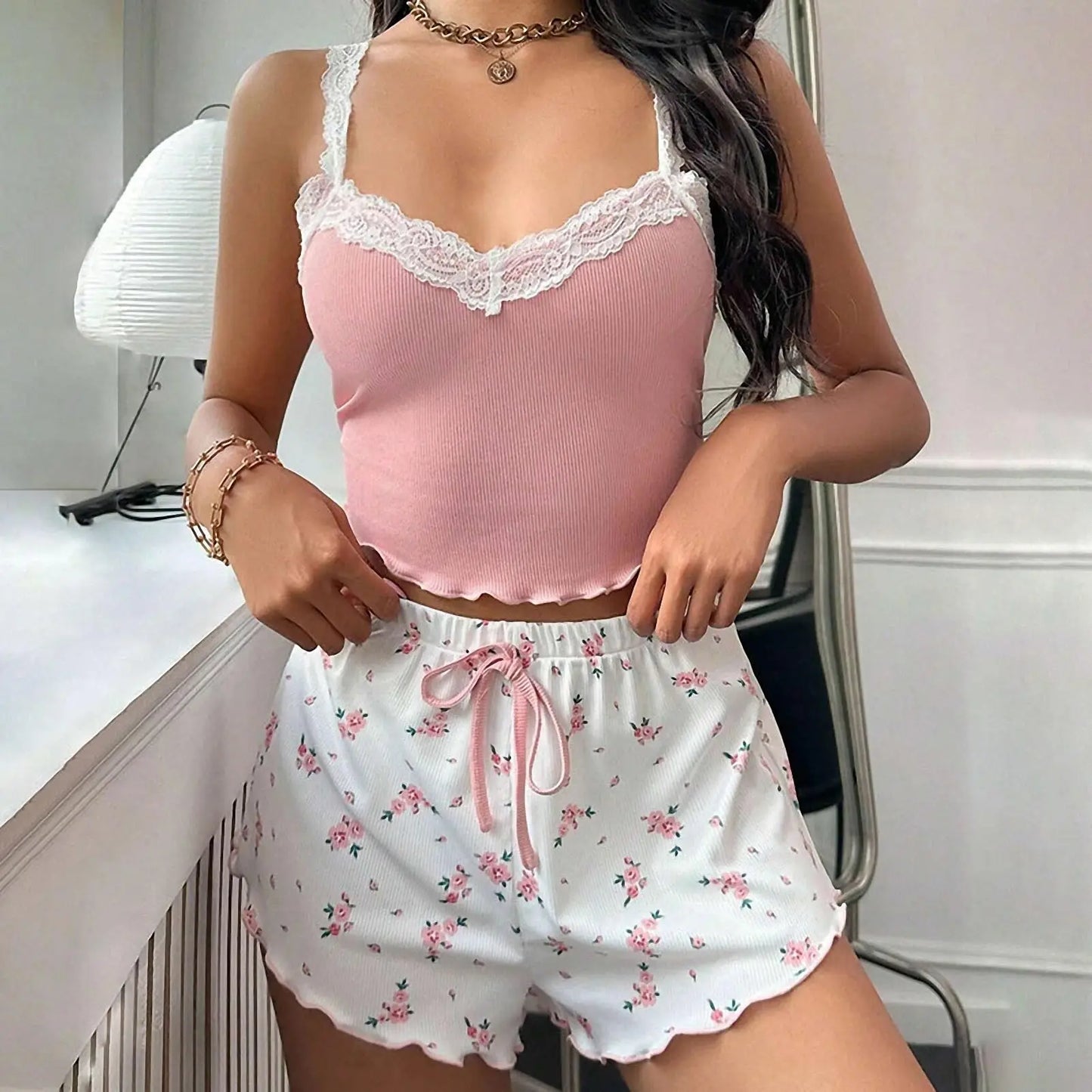 Women Pajama Set Lace Patchwork V-Neck Sleepwear Sexy Loungewear