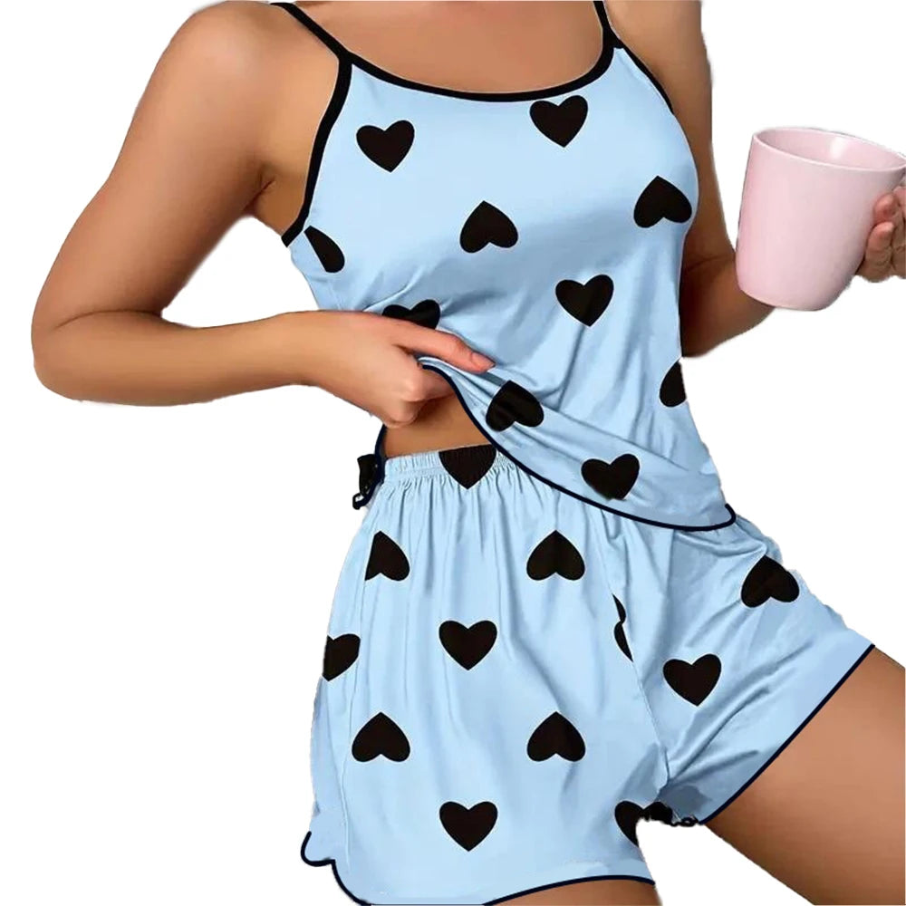Women's Pajamas Heart-Shaped Print Round Neck T-Shirt Ice Silk Set
