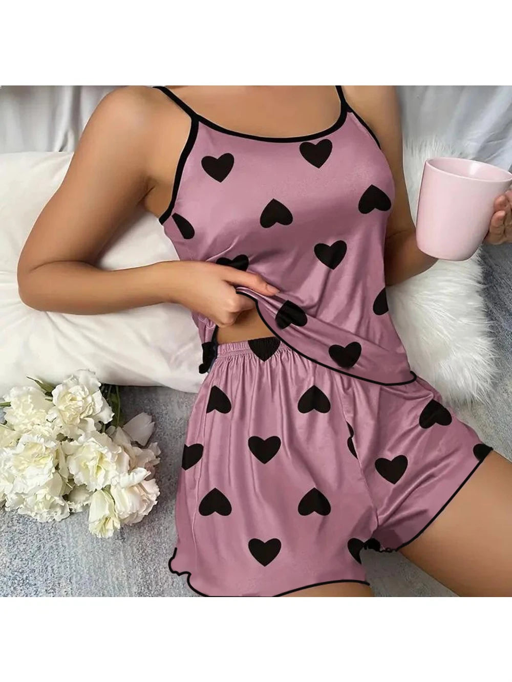 Women's Pajamas Heart-Shaped Print Round Neck T-Shirt Ice Silk Set