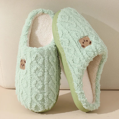 Cozy Cartoon Bear Home Slippers for 2025 Winter Plush Warm Flat Cotton Non Slip Unisex Indoor Bedroom Slippers