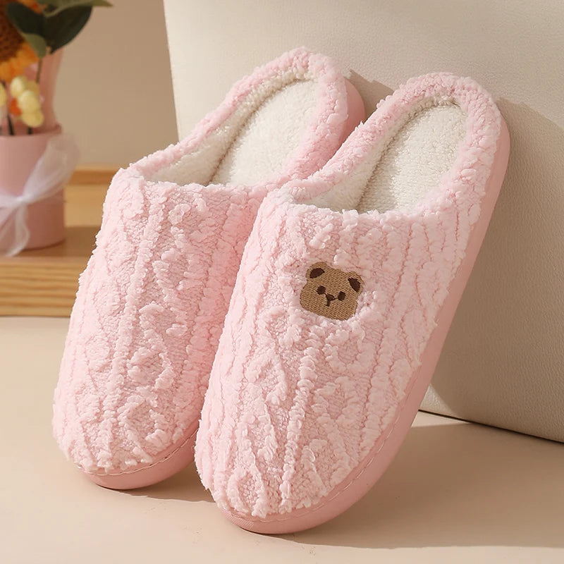 Cozy Cartoon Bear Home Slippers for 2025 Winter Plush Warm Flat Cotton Non Slip Unisex Indoor Bedroom Slippers
