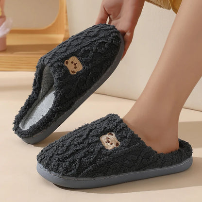 Cozy Cartoon Bear Home Slippers for 2025 Winter Plush Warm Flat Cotton Non Slip Unisex Indoor Bedroom Slippers
